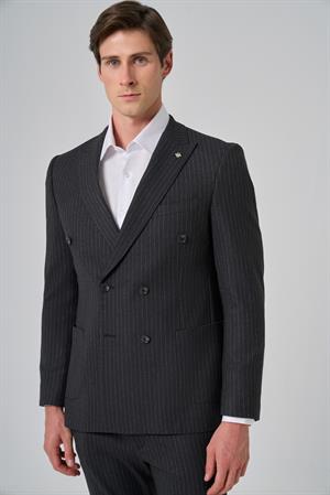 Morven Erkek Füme Poliviskon Trend Çizgili Slim Fit Sivri Yaka Kruvaze Takım Elbise