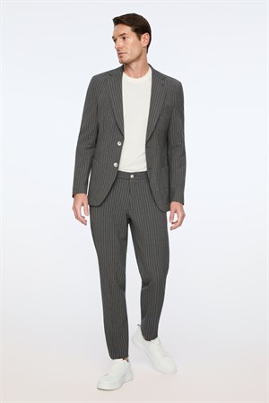 Morven Erkek Füme Poliviskon Trend Çizgili Slim Fit Mono Yaka Takım Elbise