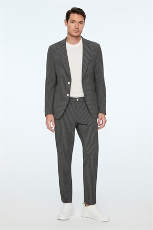 Morven Erkek Füme Poliviskon Trend Çizgili Slim Fit Mono Yaka Takım Elbise