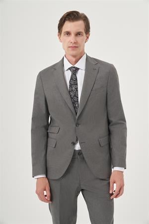 Morven Erkek Füme Poliviskon Trend Çizgili Slim Fit Mono Yaka Çift Kapak Cepli Takım Elbise