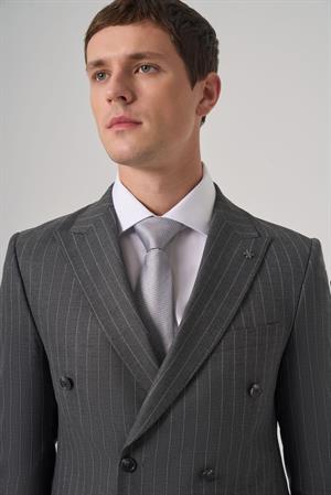Morven Erkek Füme Poliviskon Trend Çizgili Slim Fit Kruvaze Takım elbise