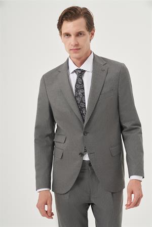 Morven Erkek Füme Poliviskon Trend Çizgili Slim Fit Mono Yaka Çift Kapak Cepli Takım Elbise