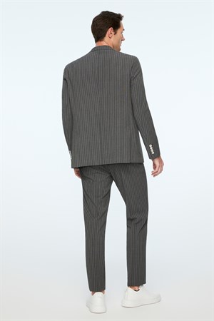 Morven Erkek Füme Poliviskon Trend Çizgili Slim Fit Mono Yaka Takım Elbise