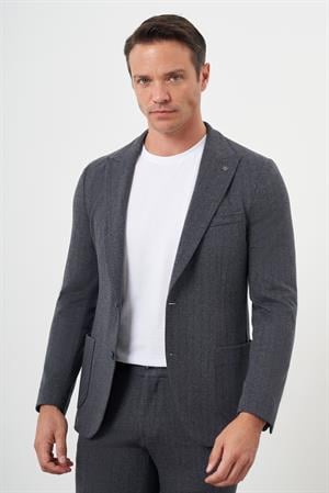 Morven Erkek Füme Poliviskon Trend Çizgili Desen Slim Fit Sivri Yaka Takım Elbise