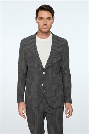 Morven Erkek Füme Poliviskon Trend Çizgili Slim Fit Mono Yaka Takım Elbise