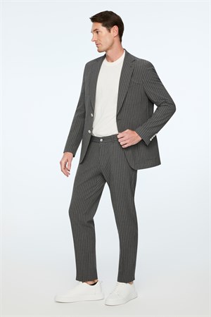 Morven Erkek Füme Poliviskon Trend Çizgili Slim Fit Mono Yaka Takım Elbise
