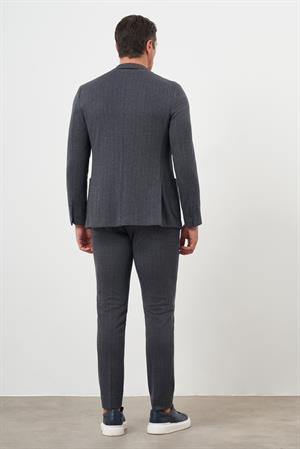 Morven Erkek Füme Poliviskon Trend Çizgili Desen Slim Fit Sivri Yaka Takım Elbise