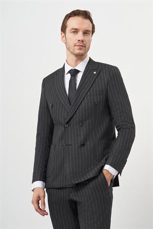 Morven Erkek Füme Poliviskon Trend Kruvaze Slim Fit Sivri Yaka Takım Elbise