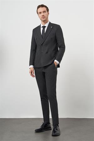 Morven Erkek Füme Poliviskon Trend Kruvaze Slim Fit Sivri Yaka Takım Elbise