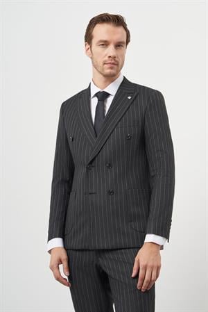 Morven Erkek Füme Poliviskon Trend Kruvaze Slim Fit Sivri Yaka Takım Elbise