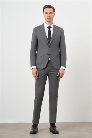 Morven Erkek Füme Poliviskon Trend Yelekli Desenli Slim Fit Sivri Yaka Takım Elbise