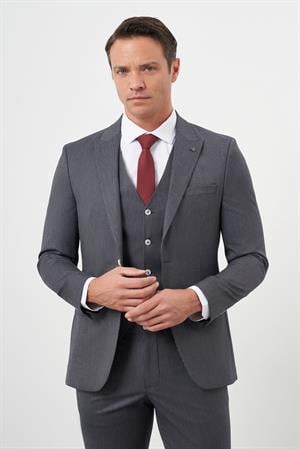 Morven Erkek Füme Poliviskon Trend Yelekli Çizgili Desen Slim Fit  Sivri Yaka Takım Elbise