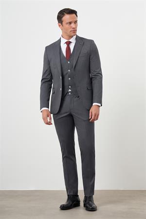 Morven Erkek Füme Poliviskon Trend Yelekli Çizgili Desen Slim Fit  Sivri Yaka Takım Elbise