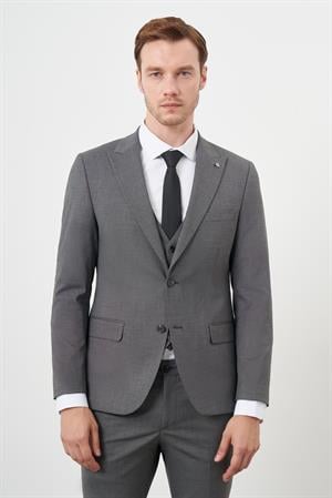 Morven Erkek Füme Poliviskon Trend Yelekli Desenli Slim Fit Sivri Yaka Takım Elbise
