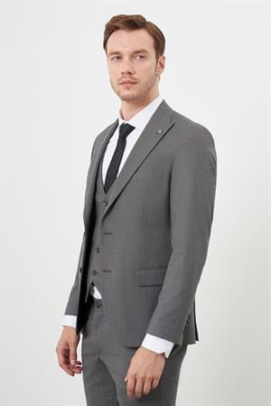Morven Erkek Füme Poliviskon Trend Yelekli Desenli Slim Fit Sivri Yaka Takım Elbise