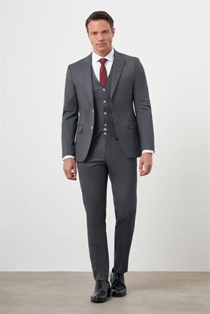 Morven Erkek Füme Poliviskon Trend Yelekli Çizgili Desen Slim Fit  Sivri Yaka Takım Elbise