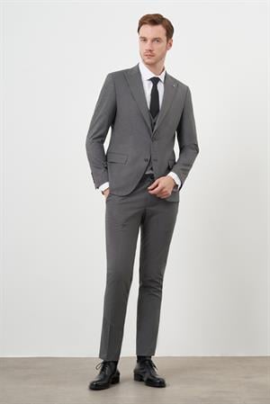 Morven Erkek Füme Poliviskon Trend Yelekli Desenli Slim Fit Sivri Yaka Takım Elbise