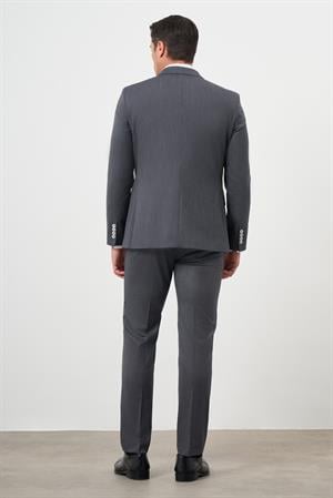 Morven Erkek Füme Poliviskon Trend Yelekli Çizgili Desen Slim Fit  Sivri Yaka Takım Elbise