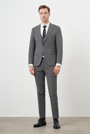 Morven Erkek Füme Poliviskon Trend Yelekli Desenli Slim Fit Sivri Yaka Takım Elbise