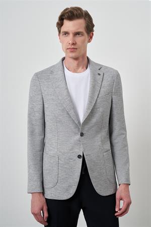 Morven Erkek Gri Keten Dokuma Desenli Slim Fit Mono Yaka Ceket