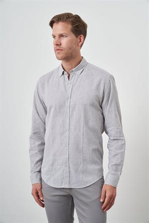 Morven Erkek Gri Keten Trend Dynamic Fit Düğmeli Yaka Gömlek
