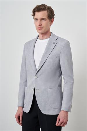 Morven Erkek Gri Örme Desenli Slim Fit Mono Yaka Ceket