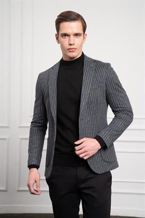 Morven Erkek Gri Örme Slim Fit Dar Kesim Mono Yaka Ceket