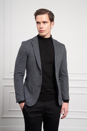 Morven Erkek Gri Örme Slim Fit Dar Kesim Mono Yaka Ceket