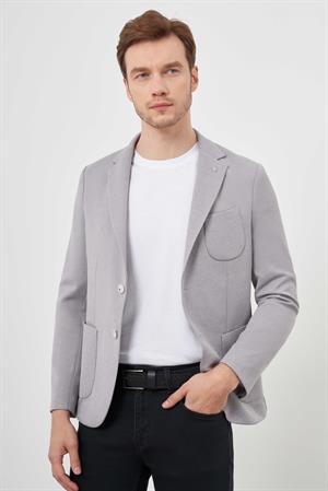 Morven Erkek Gri Örme Slim Fit Torba Cep Mono Yaka Spor Ceket