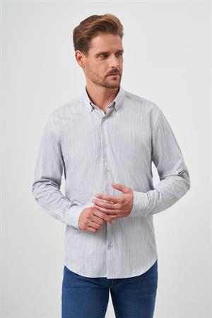 Morven Erkek Gri Pamuk Baskılı Desenli Düğmeli Yaka Slim Fit Gömlek