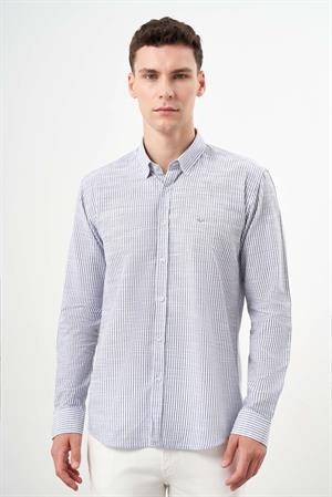 Morven Erkek Gri Pamuk Çizgili-Panolu İtalyan Yaka Slim Fit Gömlek