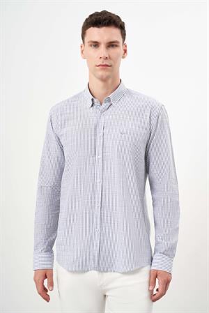 Morven Erkek Gri Pamuk Çizgili-Panolu İtalyan Yaka Slim Fit Gömlek