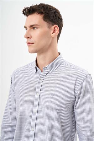 Morven Erkek Gri Pamuk Çizgili-Panolu İtalyan Yaka Slim Fit Gömlek