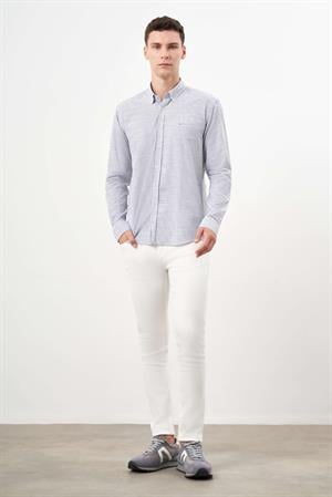 Morven Erkek Gri Pamuk Çizgili-Panolu İtalyan Yaka Slim Fit Gömlek