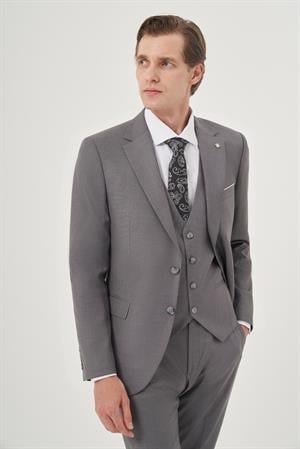 Morven Erkek Gri Poliviskon Slim Fit Mono Yaka Yelekli Takım Elbise