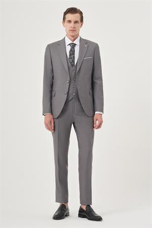 Morven Erkek Gri Poliviskon Slim Fit Mono Yaka Yelekli Takım Elbise
