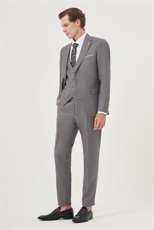 Morven Erkek Gri Poliviskon Slim Fit Mono Yaka Yelekli Takım Elbise