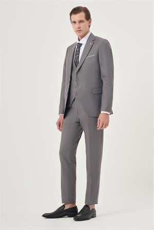 Morven Erkek Gri Poliviskon Slim Fit Mono Yaka Yelekli Takım Elbise