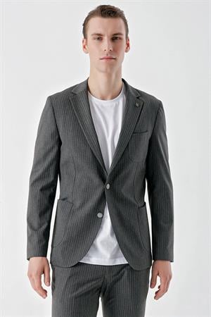 Morven Erkek Gri Poliviskon Trend Çizgili Desen Slim Fit Mono Yaka Takım Elbise