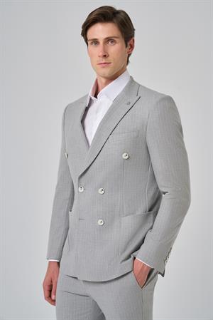 Morven Erkek Gri Poliviskon Trend Çizgili Slim Fit Sivri Yaka Kruvaze Takım Elbise