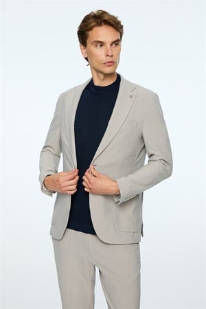 Morven Erkek Gri Poliviskon Trend Çizgili Slim Fit Mono Yaka Takım Elbise