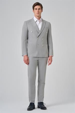 Morven Erkek Gri Poliviskon Trend Çizgili Slim Fit Sivri Yaka Kruvaze Takım Elbise