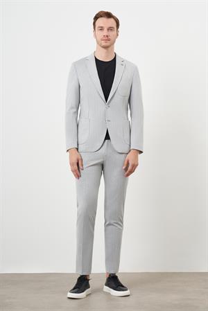 Morven Erkek Gri Poliviskon Trend Çizgili Desen Slim Fit Mono Yaka Takım Elbise