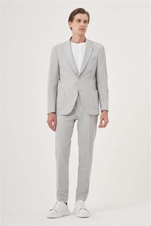 Morven Erkek Gri Poliviskon Trend Çizgili Slim Fit Mono Yaka Takım Elbise