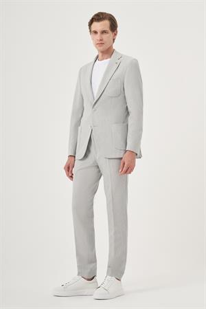 Morven Erkek Gri Poliviskon Trend Çizgili Slim Fit Mono Yaka Takım Elbise