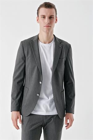 Morven Erkek Gri Poliviskon Trend Çizgili Desen Slim Fit Mono Yaka Takım Elbise