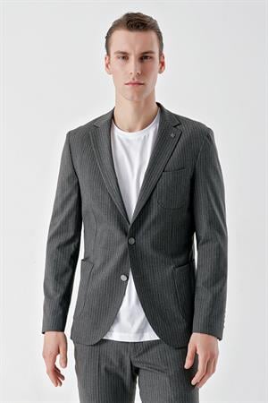 Morven Erkek Gri Poliviskon Trend Çizgili Desen Slim Fit Mono Yaka Takım Elbise