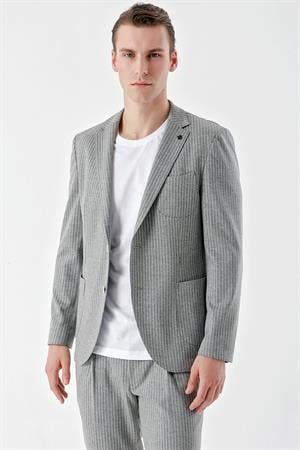 Morven Erkek Gri Poliviskon Trend Çizgili Desen Slim Fit Mono Yaka Takım Elbise