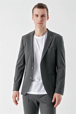 Morven Erkek Gri Poliviskon Trend Çizgili Desen Slim Fit Mono Yaka Takım Elbise