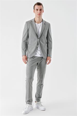 Morven Erkek Gri Poliviskon Trend Çizgili Desen Slim Fit Mono Yaka Takım Elbise